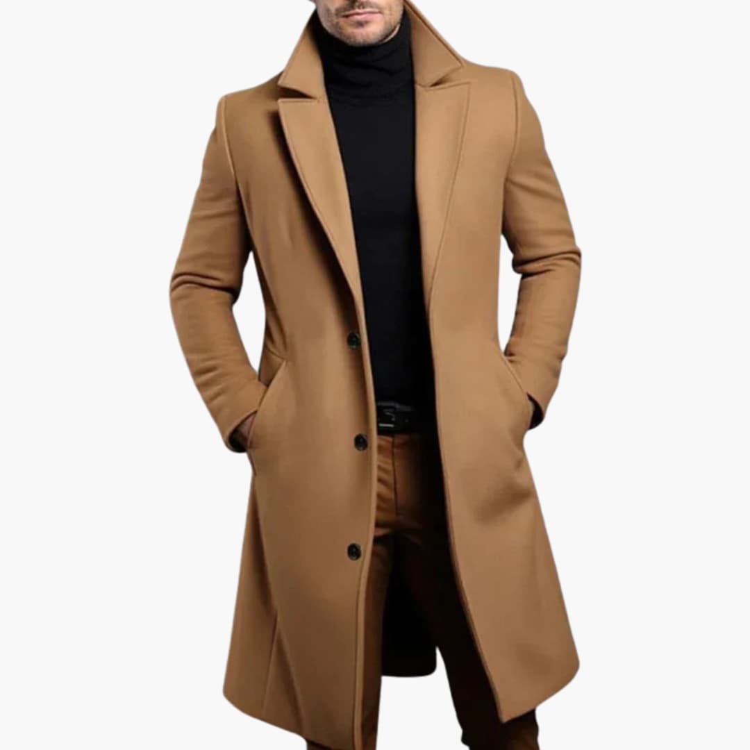 Men's structured collar button-front coat elongated hem slim silhouette navy formal overcoat