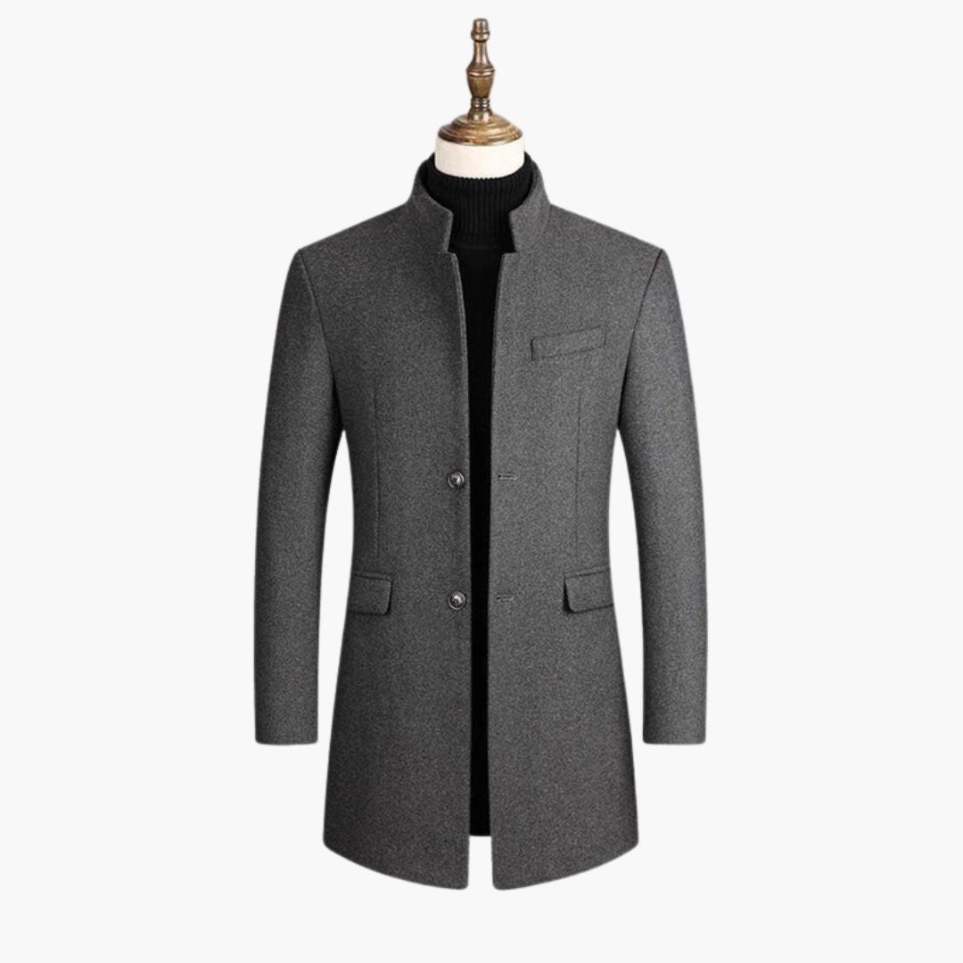 Men's wool blend coat with stand-up collar, quilted lining, two-button closure, straight cut