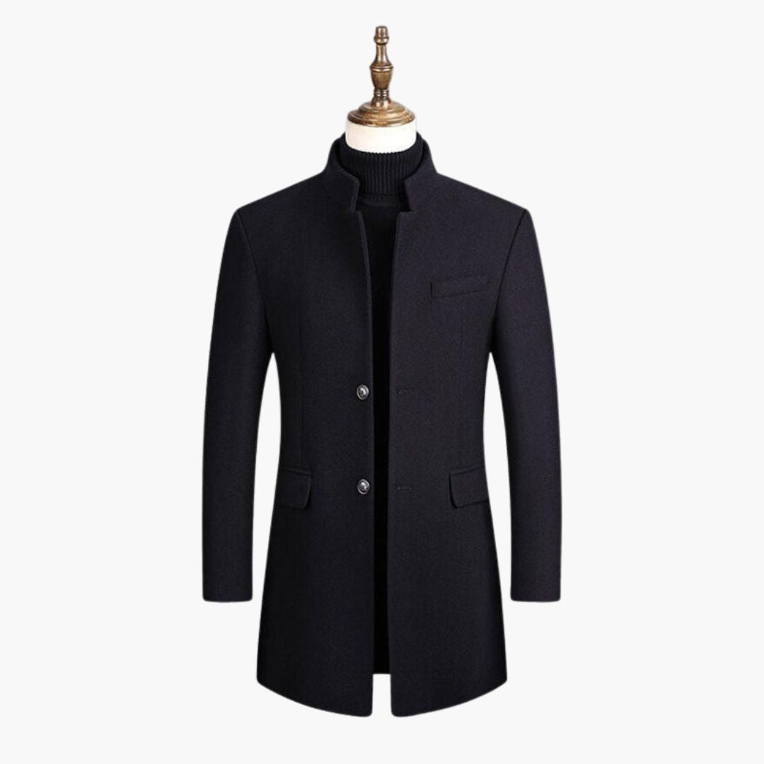 Men's wool blend coat with stand-up collar, quilted lining, two-button closure, straight cut classic fit