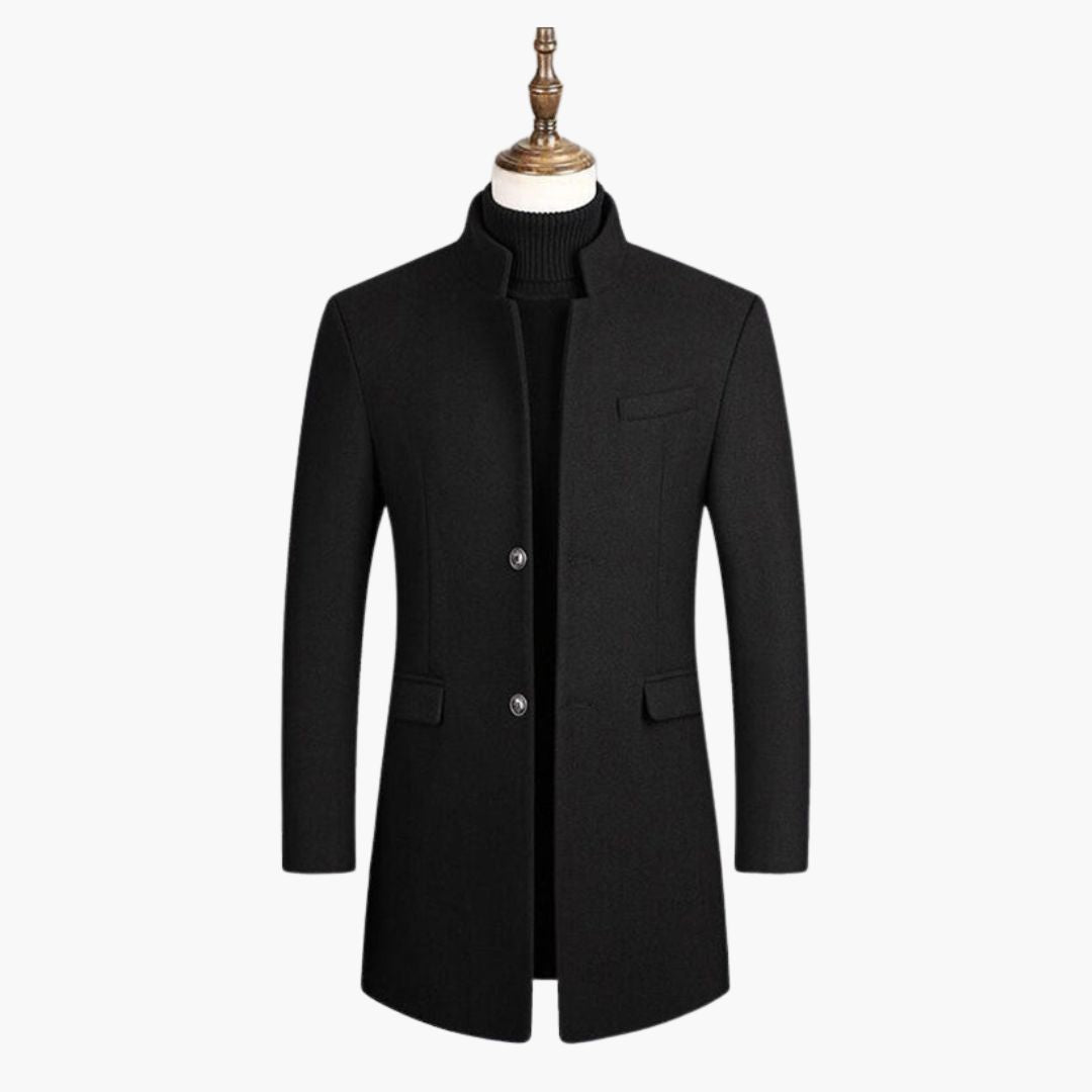 Men's wool blend coat stand-up collar quilted lining two-button closure classic straight cut