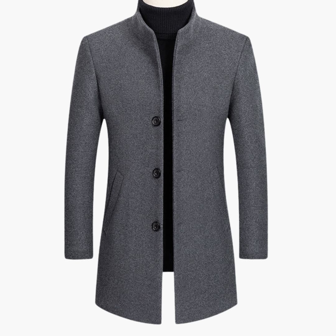 Men's long coat charcoal stand-up collar slim fit three-button front closure side pockets