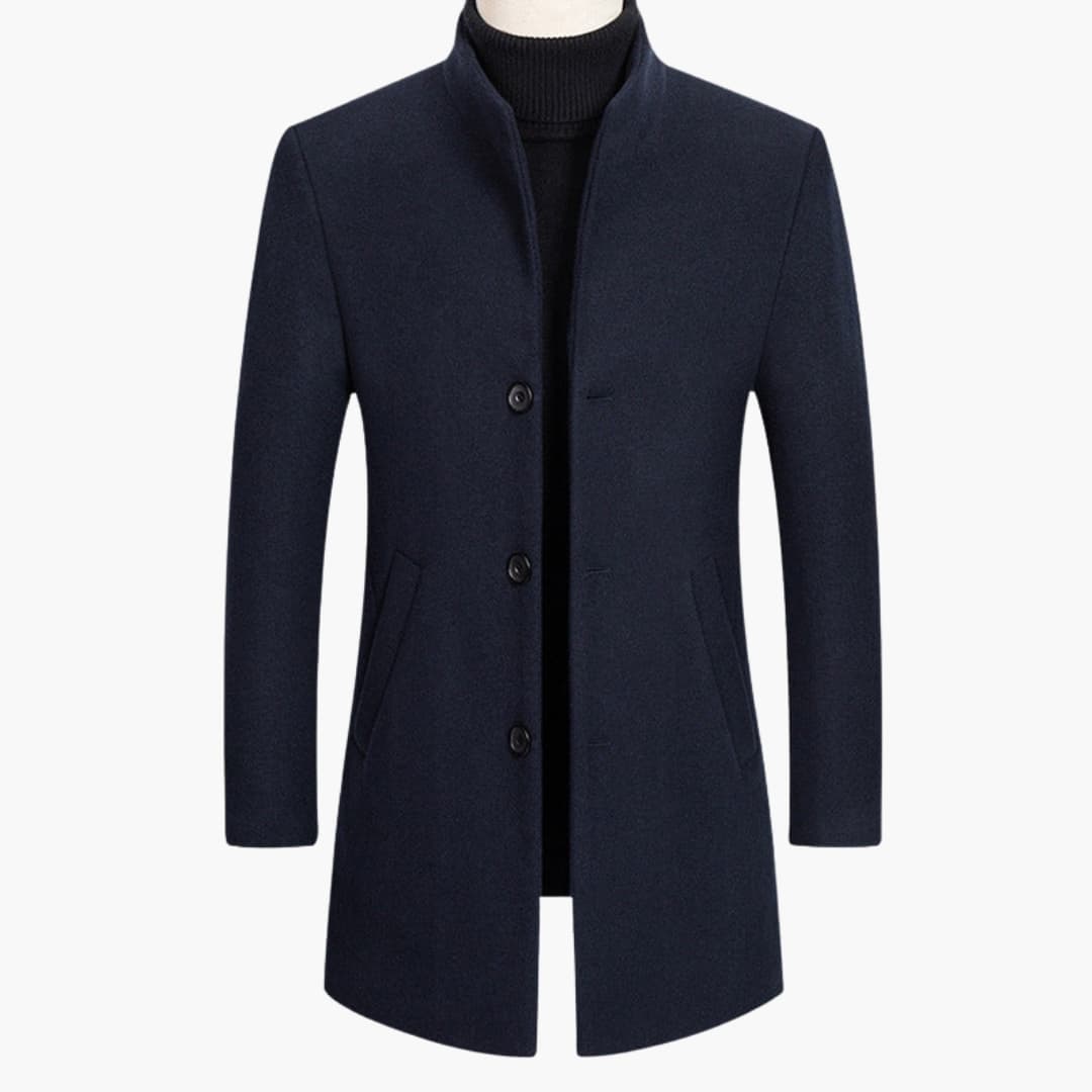 Men's long coat black structured stand-up collar side pockets sleek modern office wear