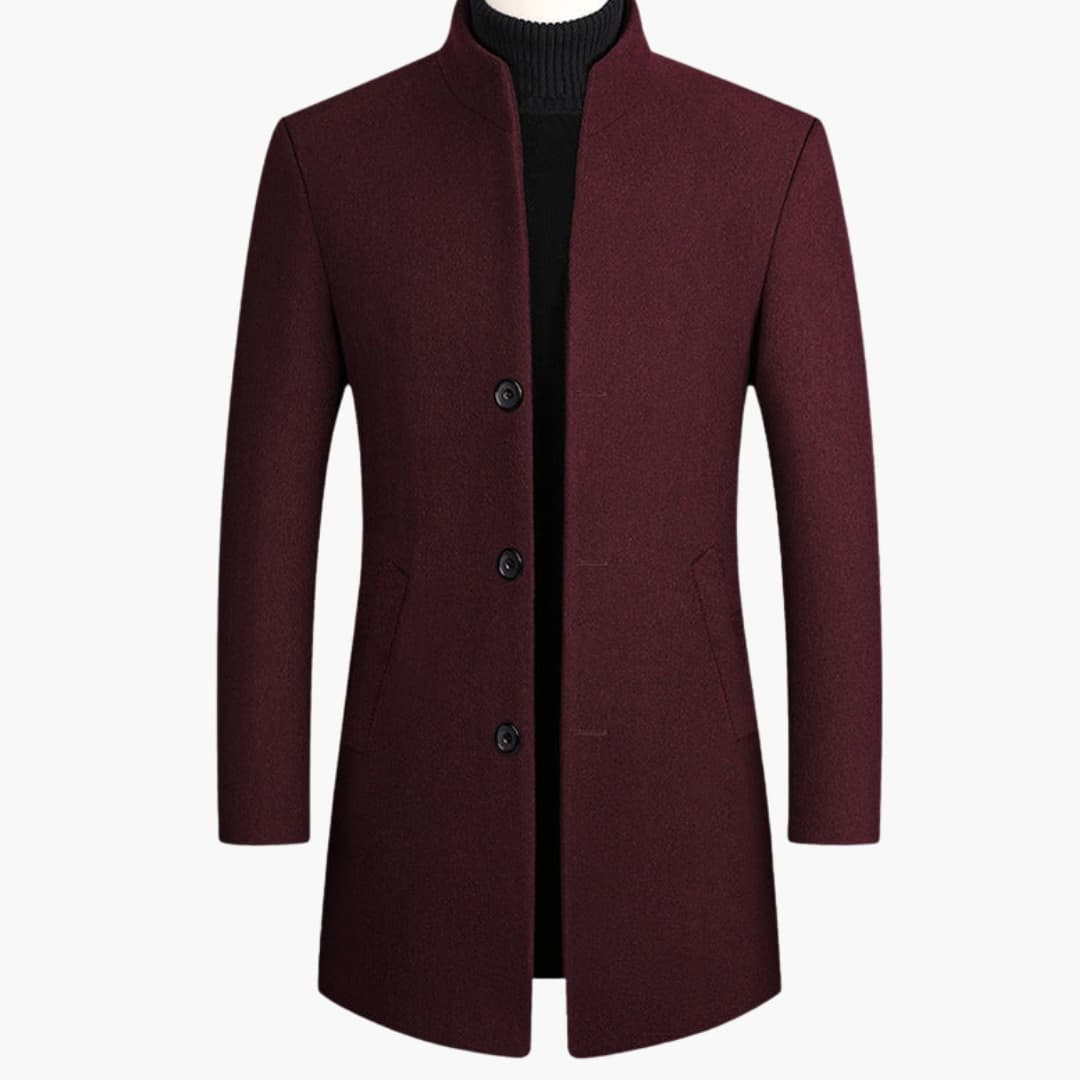Men's long black coat stand-up collar side pockets sleek modern office silhouette