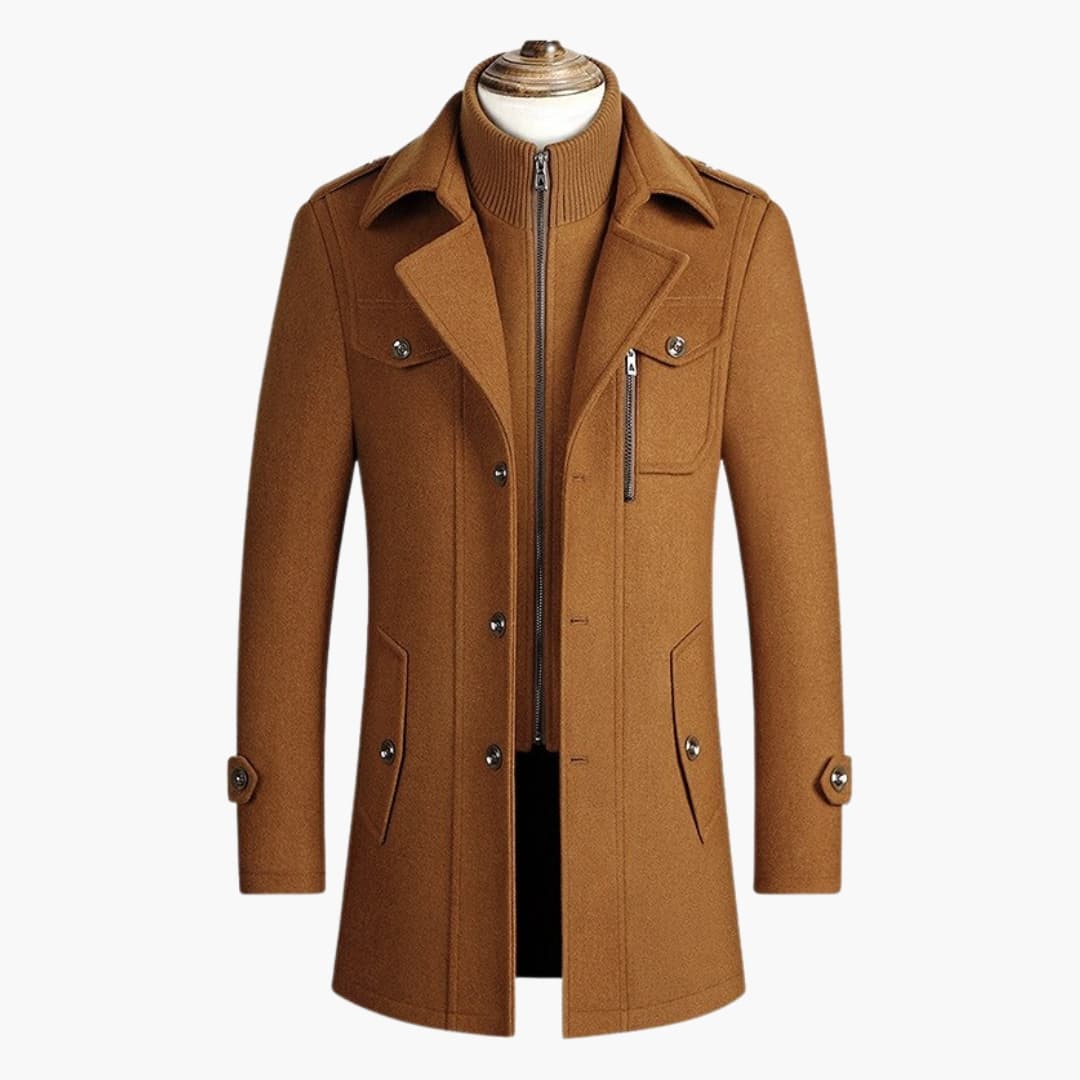 Men's long coat wide lapel collar hidden button closure sleek silhouette practical pockets professional style