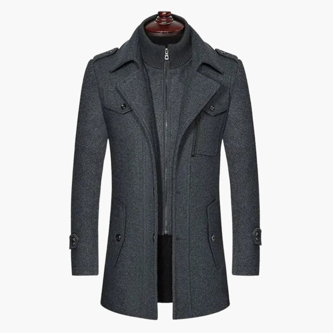 Men's long coat with wide lapel collar, hidden button closure, sleek professional silhouette