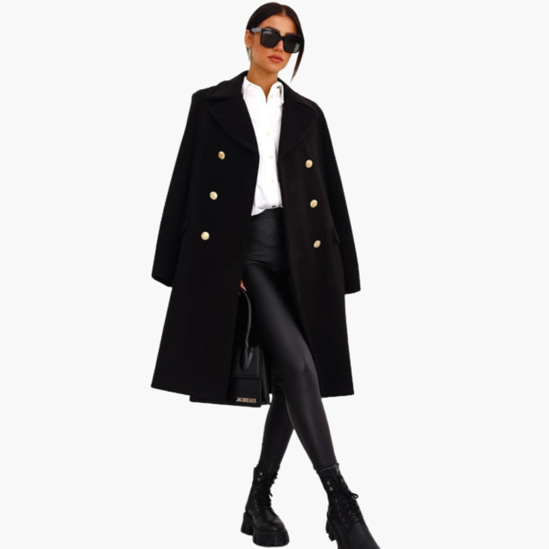 Women's elegant long coat with notched lapel, button closure, and structured silhouette in classic cut