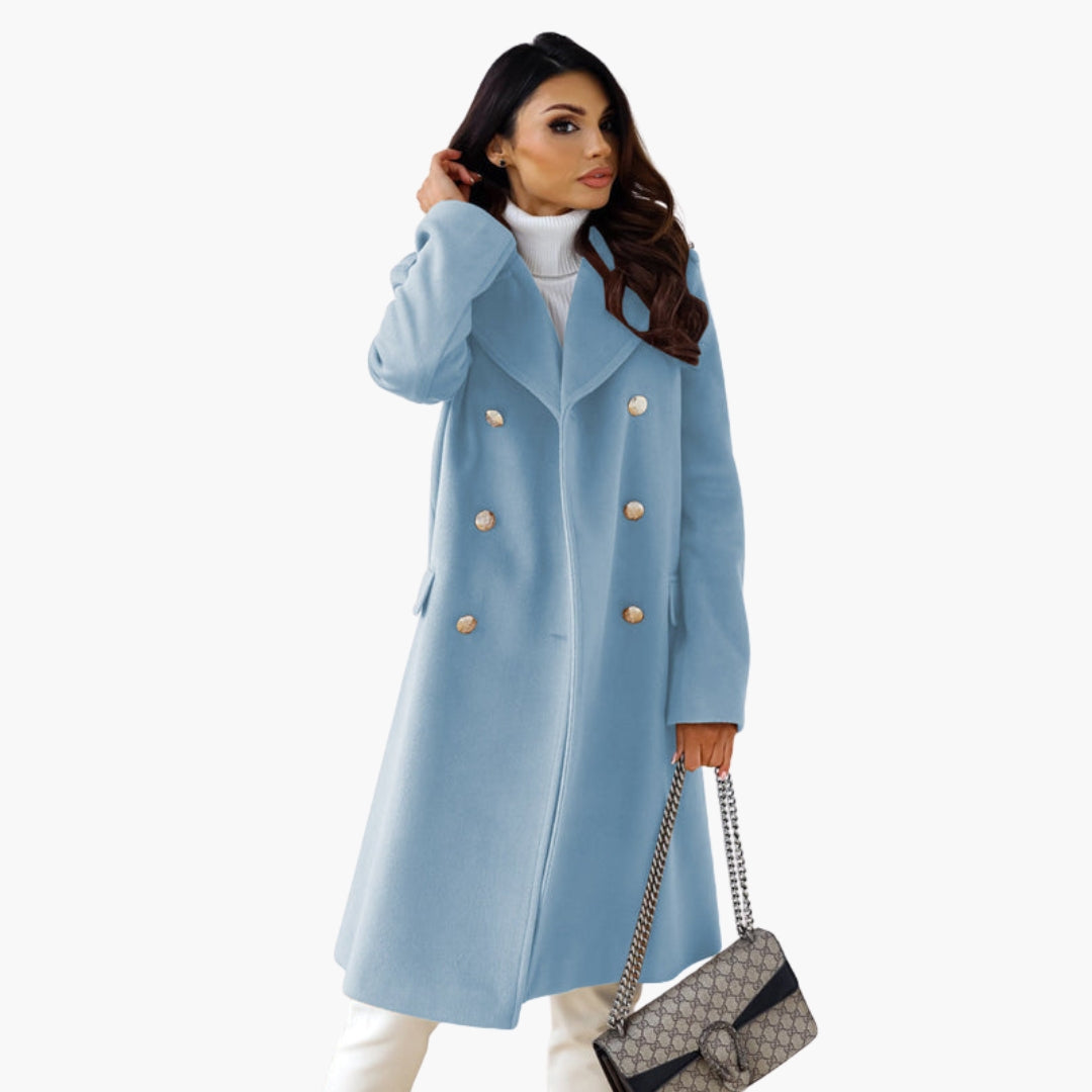 Women's elegant long coat with notched lapel, button closure, structured silhouette for modern style