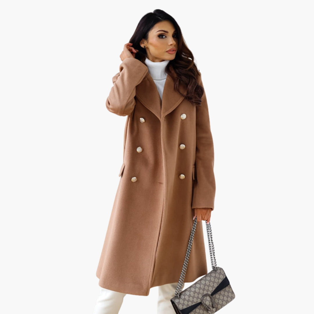 Women's long elegant coat with notched lapel collar, button closure, classic tailored silhouette
