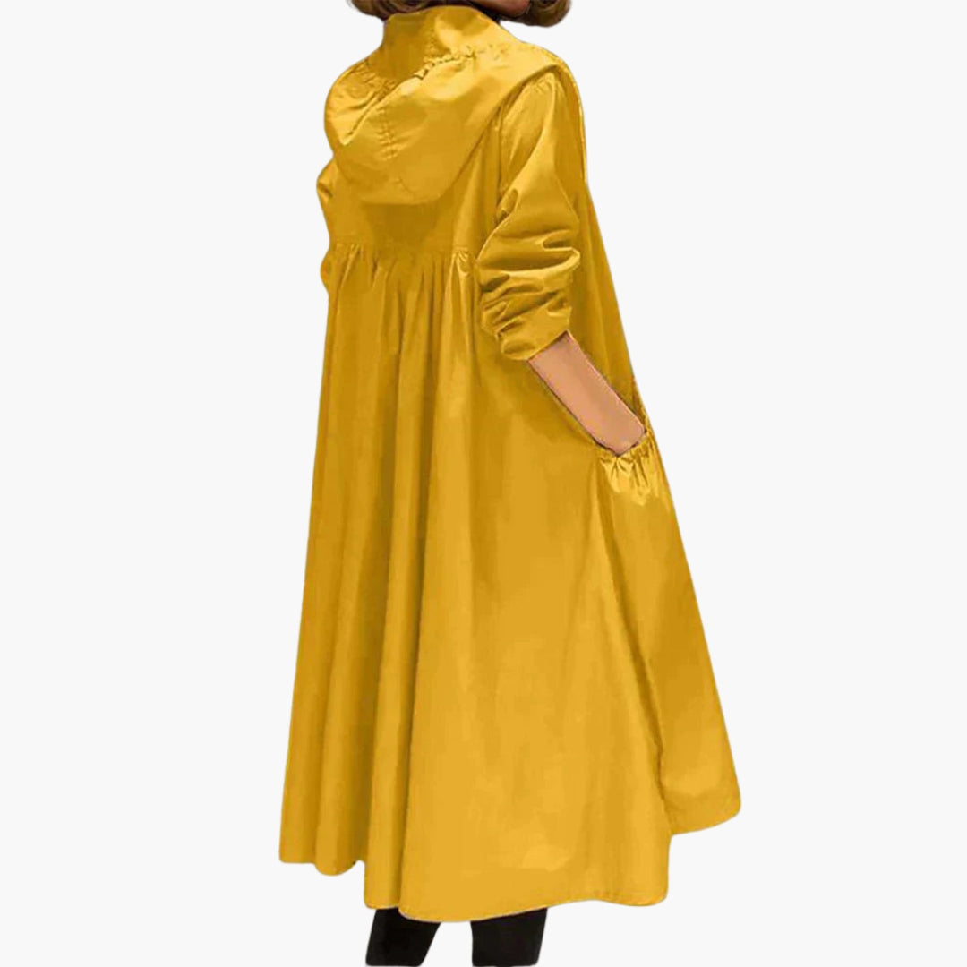 Women's calf-length hooded coat with zip closure, gathered waist, and front pockets in versatile style