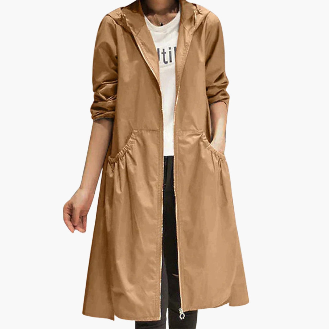 Women's hooded calf-length coat with zip closure, gathered waist, and front pockets in casual style