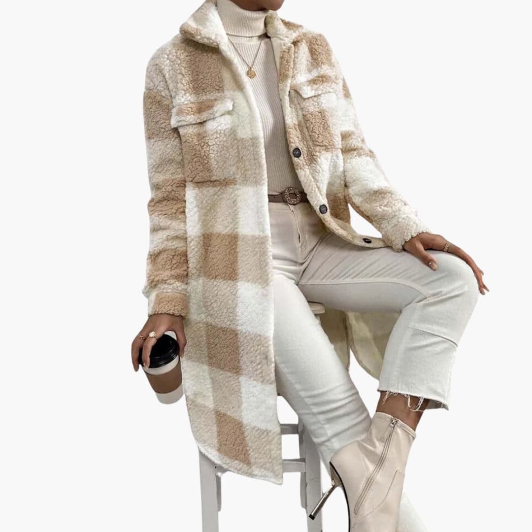 Women's long plaid coat tailored longline silhouette bold check pattern front flap pockets button closure