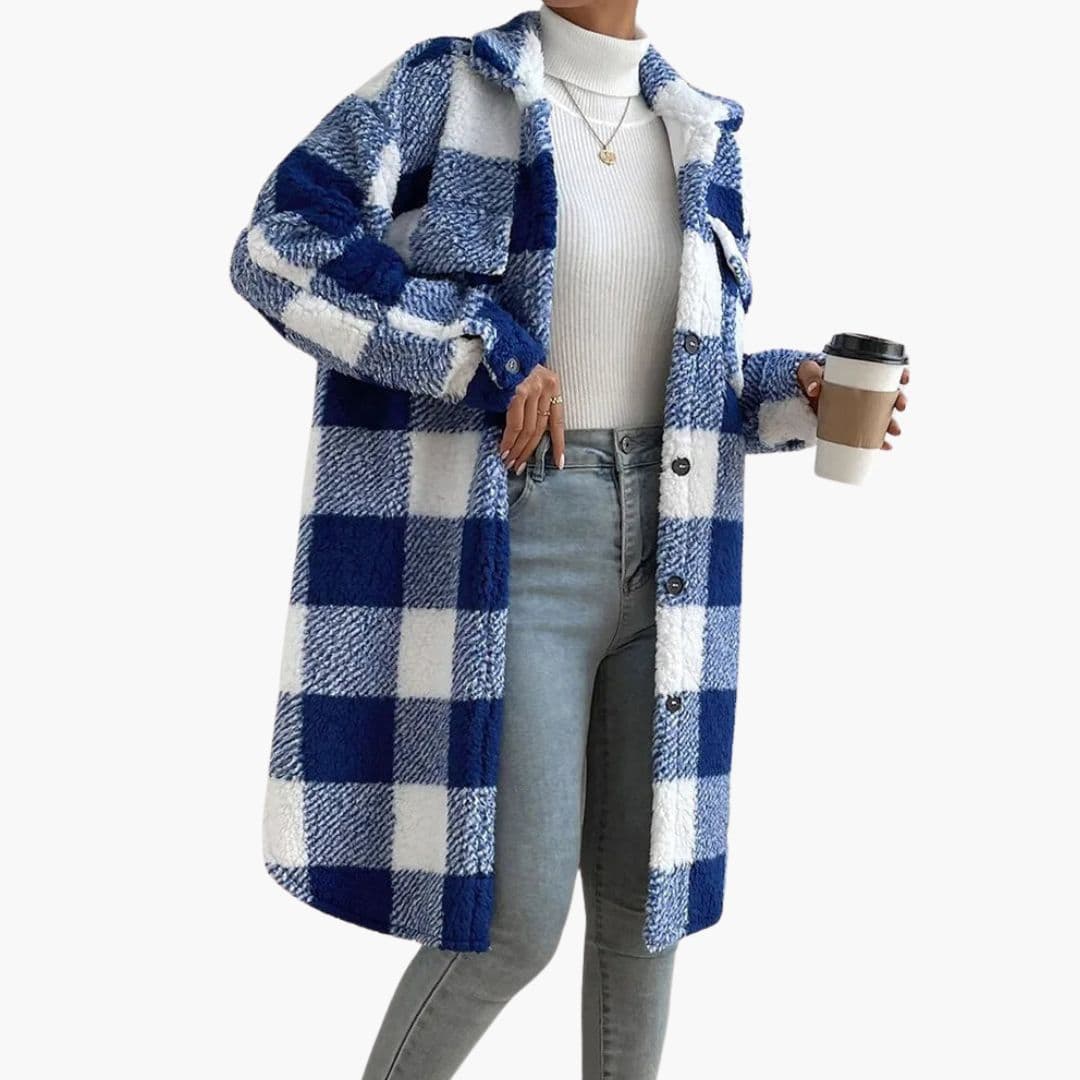 Women's long plaid coat with tailored longline silhouette, bold check pattern, and front flap pockets