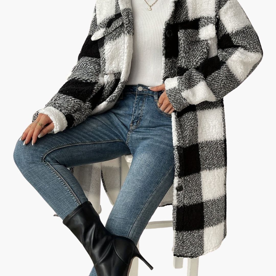 Women's long plaid coat tailored longline silhouette bold check pattern front flap pockets button closure