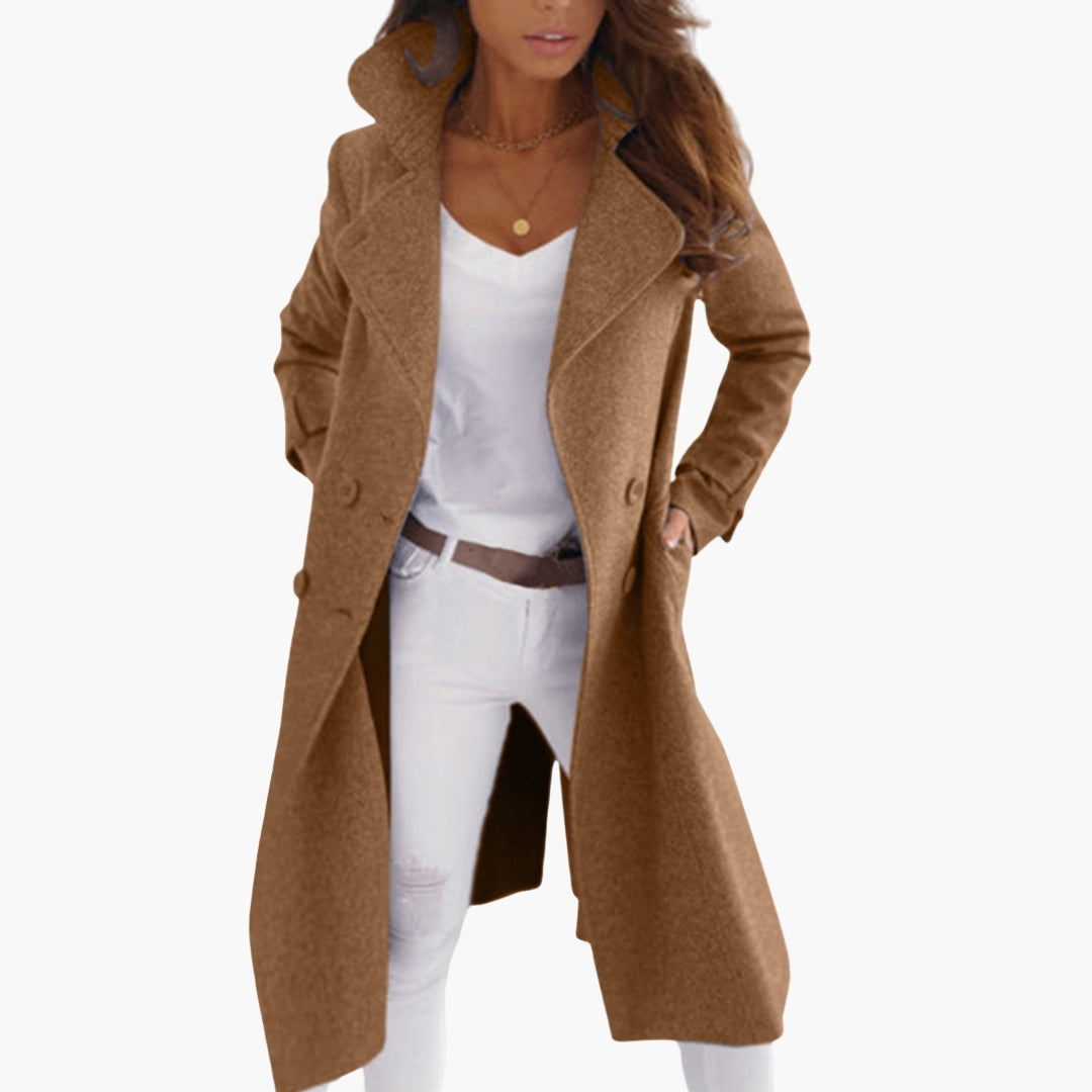 Women's knee-length elegant coat with lapel collar and button front closure in classic style