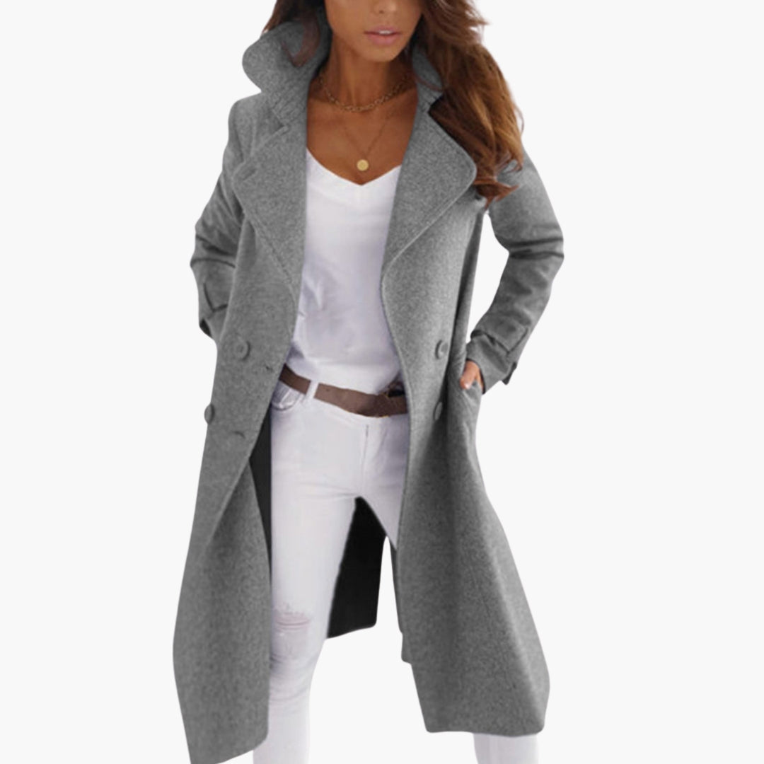Women's elegant knee-length long coat with lapel collar and button front closure in classic style