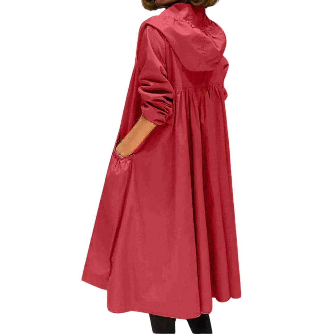 Women's long hooded coat with full zipper closure, front pockets, sleek silhouette for everyday outerwear