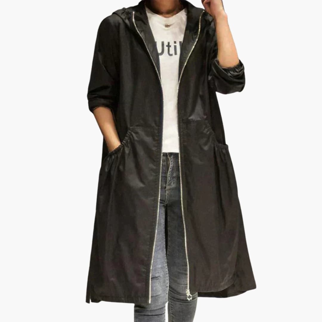 Women's long hooded coat with zipper closure, front pockets, streamlined silhouette for everyday warmth