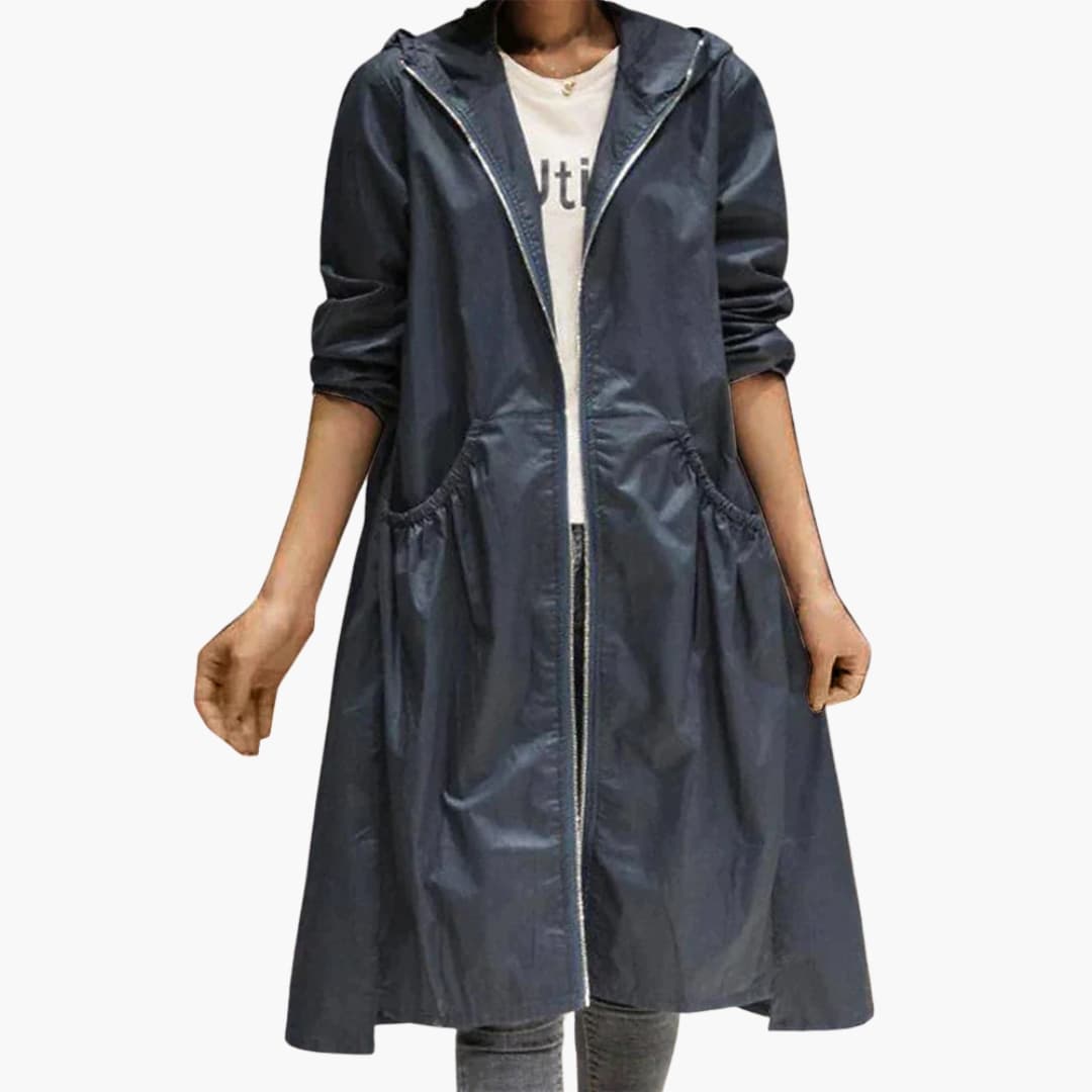 Women's long hooded coat with zipper closure, front pockets, streamlined silhouette for everyday warmth