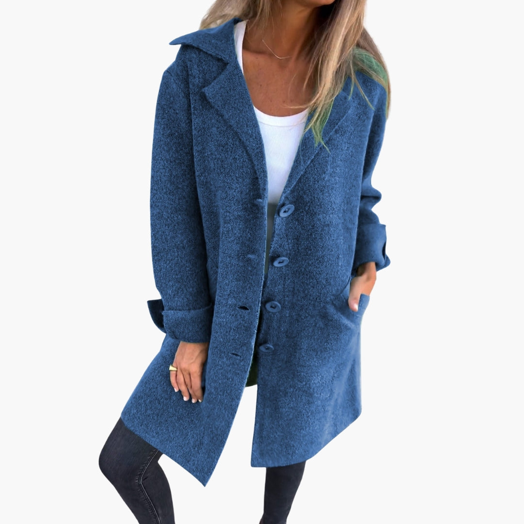 Women's chic long coat with wide lapel collar and front button closure for polished everyday style