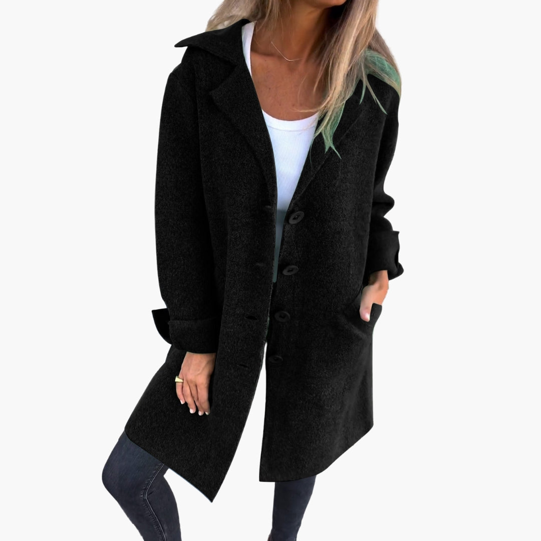Women's chic long coat with wide lapel collar and front button closure for polished everyday style