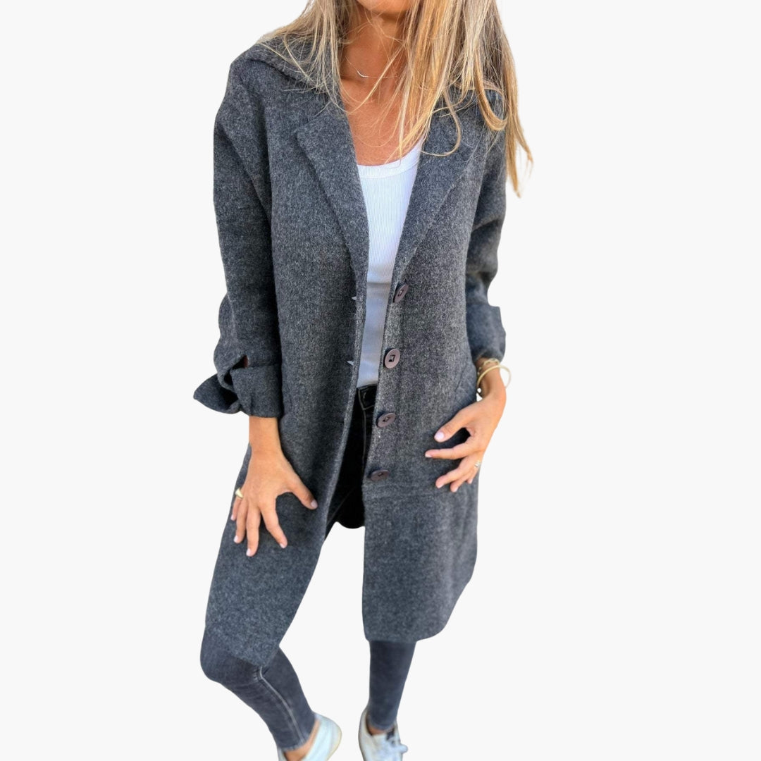 Women's chic long coat with wide lapel collar, front button closure, classic tailored everyday style