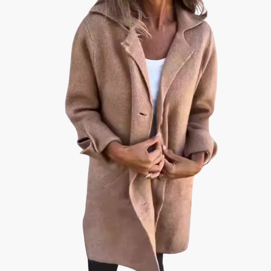 Women's chic long coat with wide lapel collar, front button closure, classic tailored everyday style