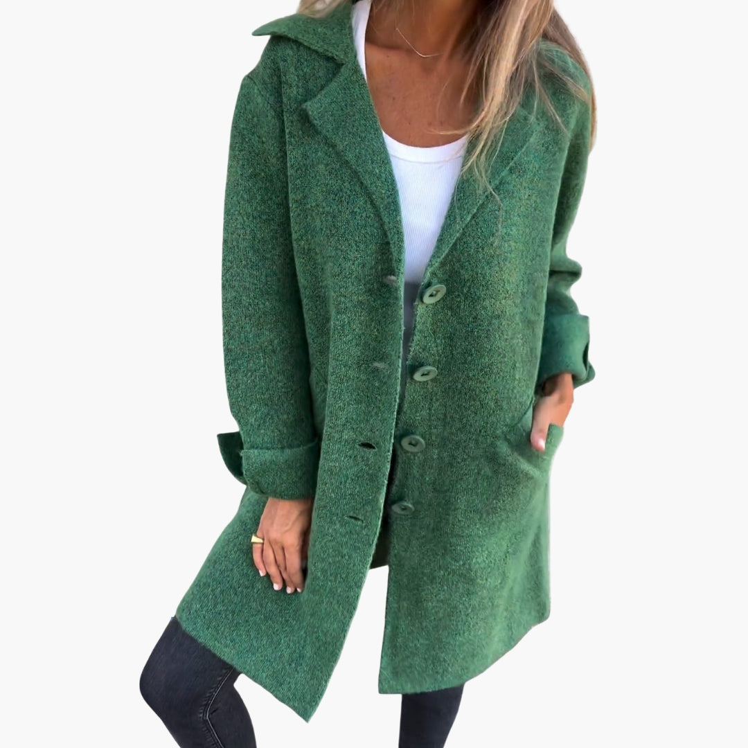 Women's chic long coat with wide lapel collar and front button closure for elegant everyday style