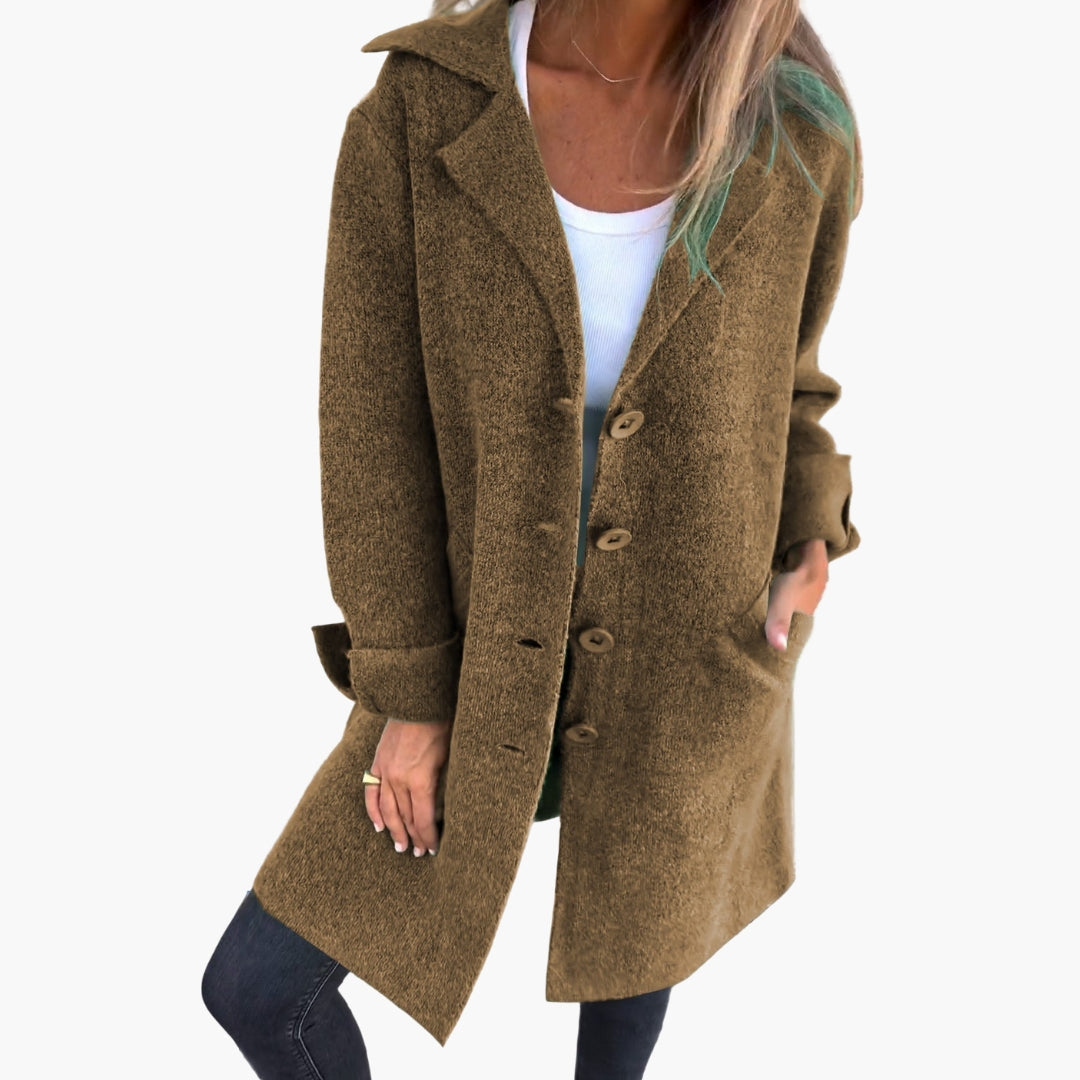 Women's chic long coat with wide lapel collar, front button closure, classic tailored everyday style