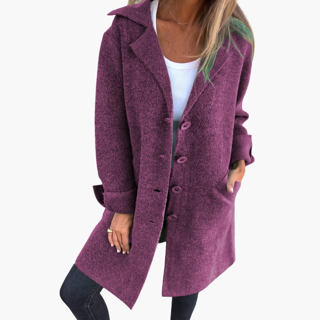 Women's chic long coat with wide lapel collar and front button closure for polished everyday style