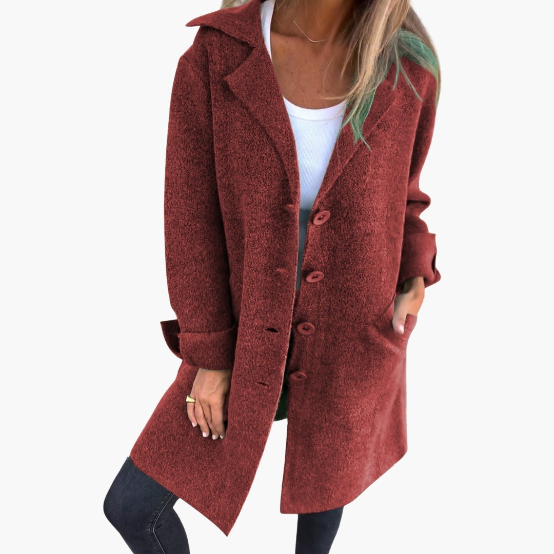 Women's chic long coat with wide lapel collar, front button closure, classic tailored everyday style