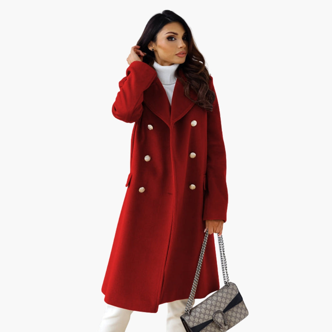 Elegant women's long crossed-front coat in neutral tone with golden button details and wide lapel