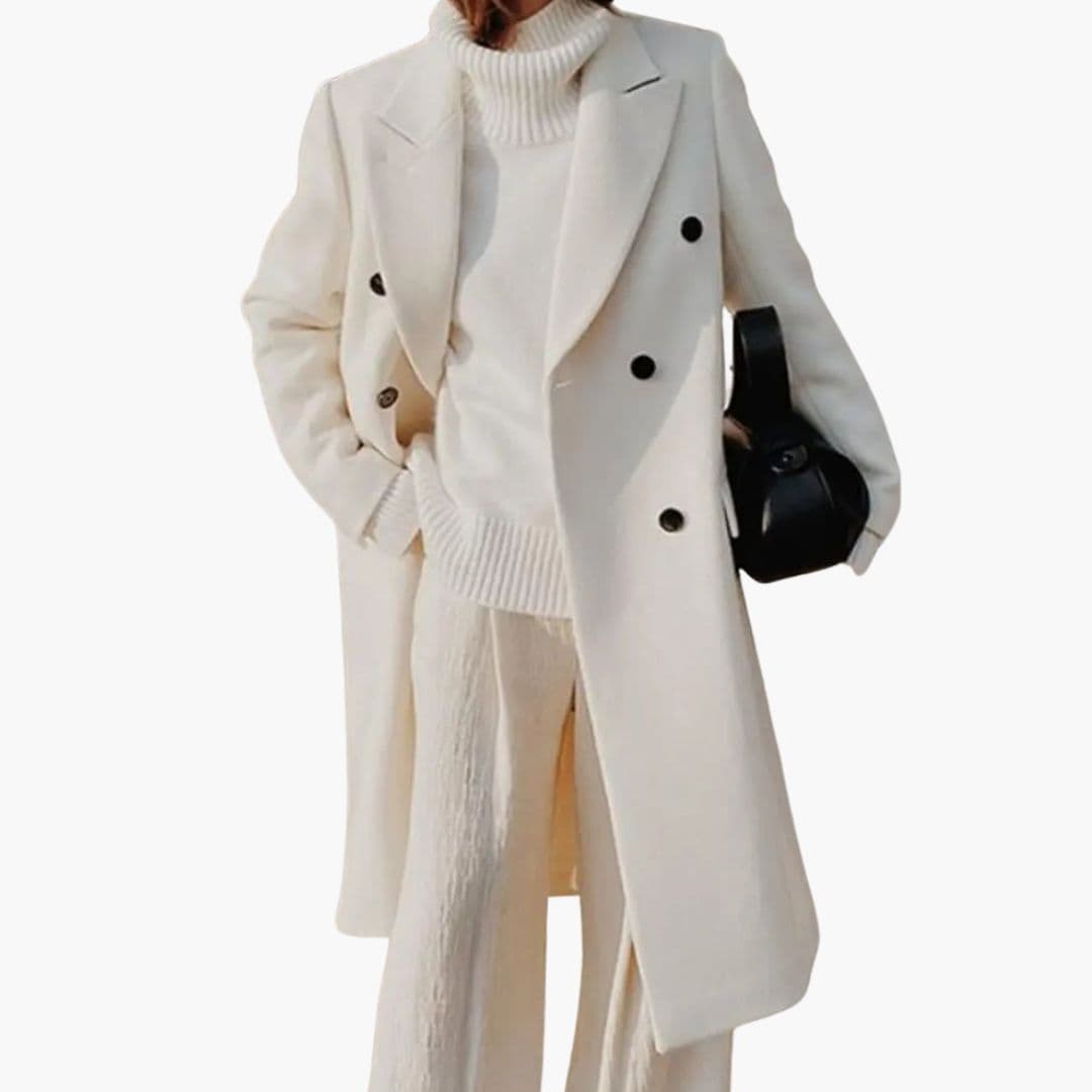 Women's elegant long coat with lapel collar, button closure, straight hem, structured silhouette