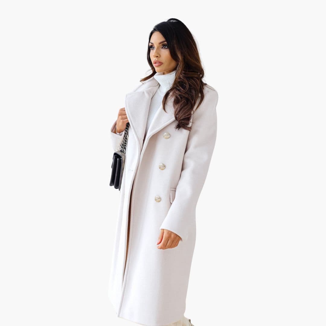 Women's structured knee-length long coat with lapel collar and decorative double-row button closure