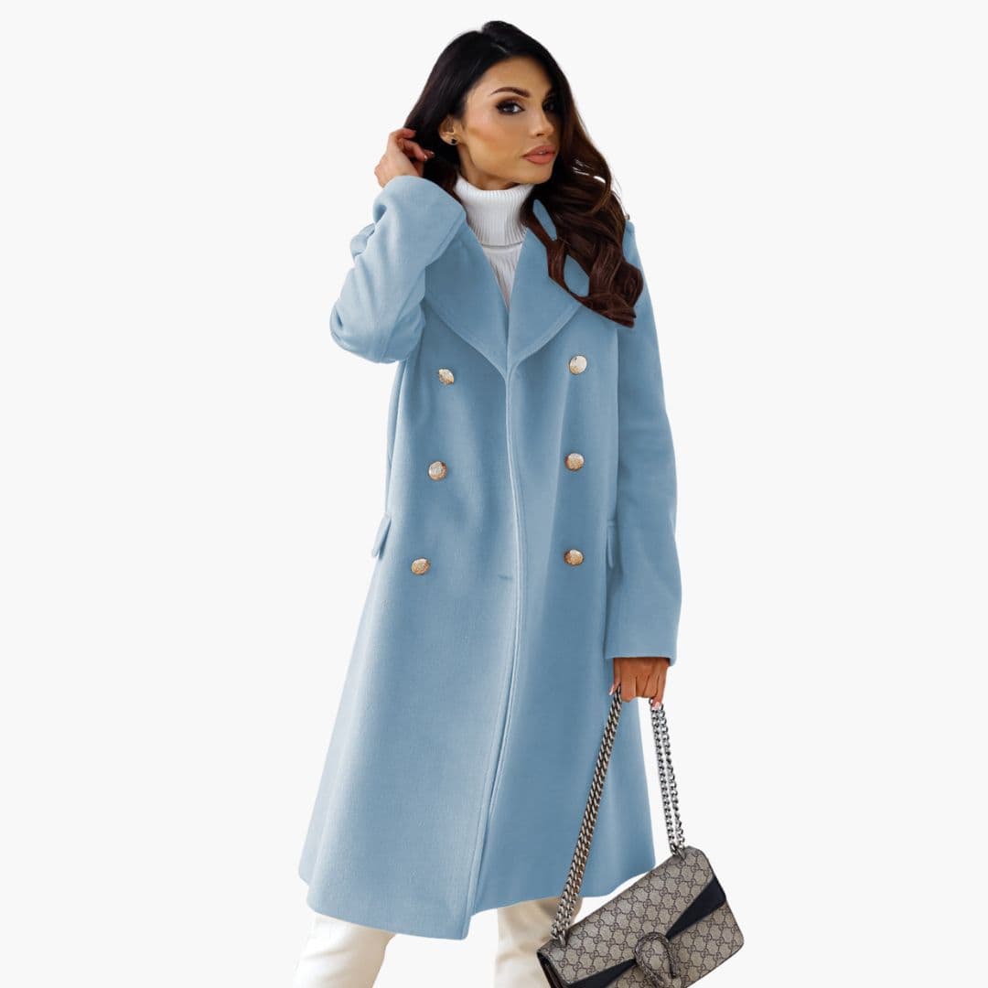Women's structured knee-length long coat with lapel collar and decorative double-button front closure