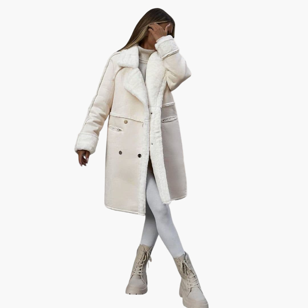 Women's long plush coat with faux fur lapel collar, snap buttons, elegant oversized silhouette