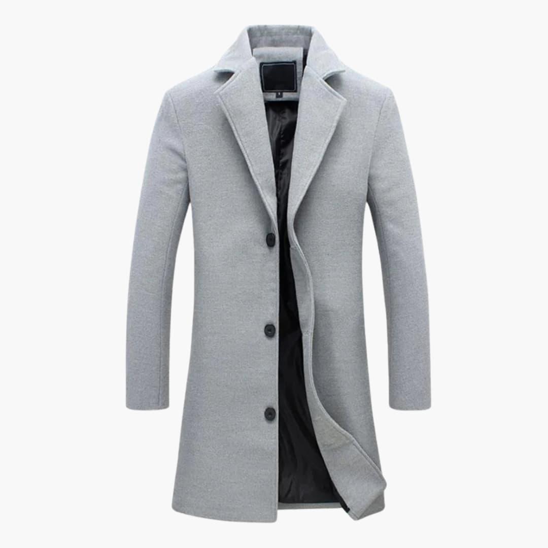 Men's long coat notched collar three-button closure structured silhouette lined interior timeless style