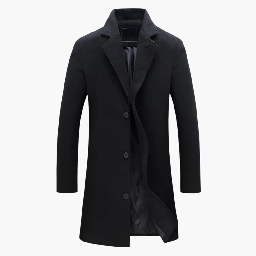 Men's long coat notched collar three-button closure structured silhouette professional lined interior timeless style