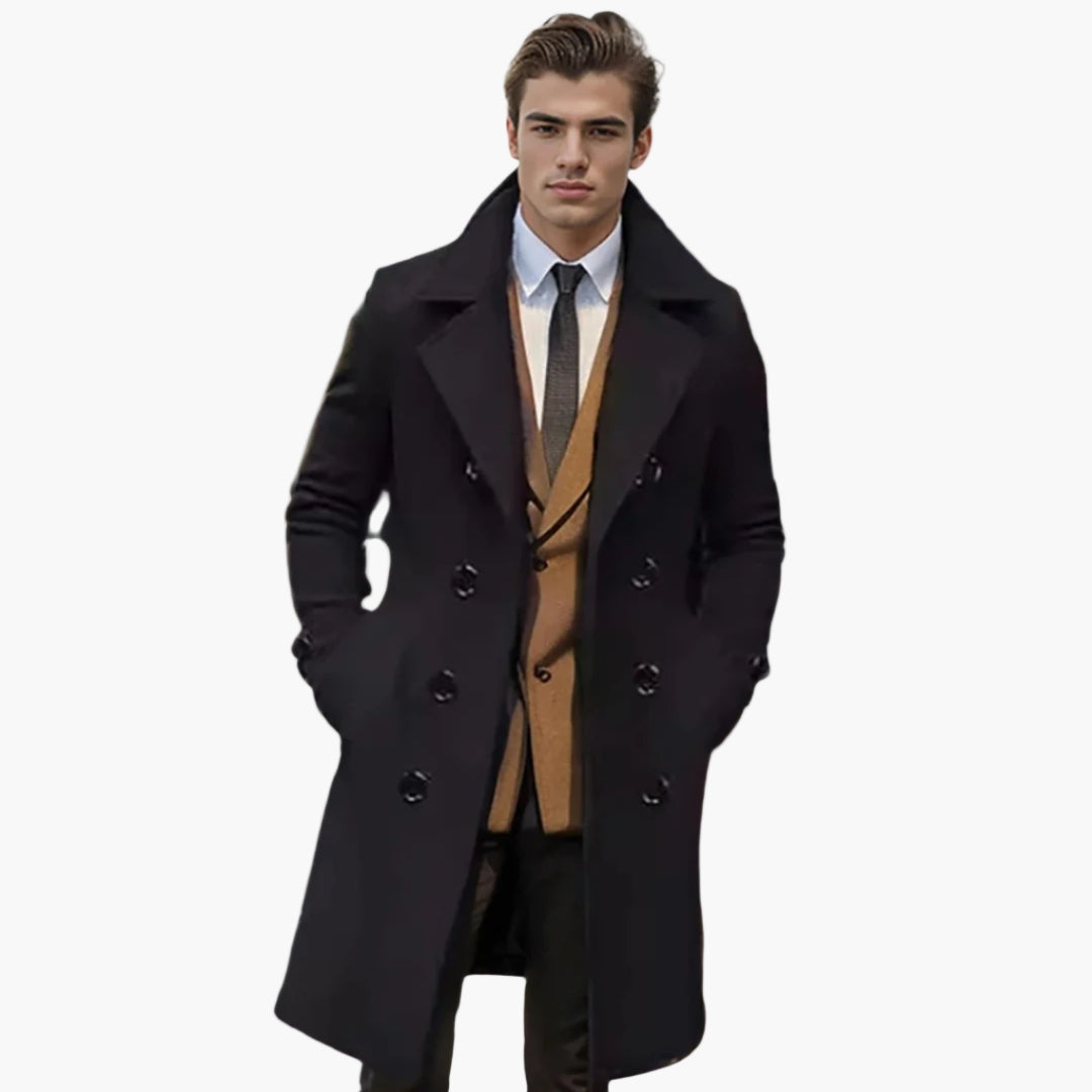 Men's slim-fit long coat wide lapels button-front two side pockets classic tailored outerwear