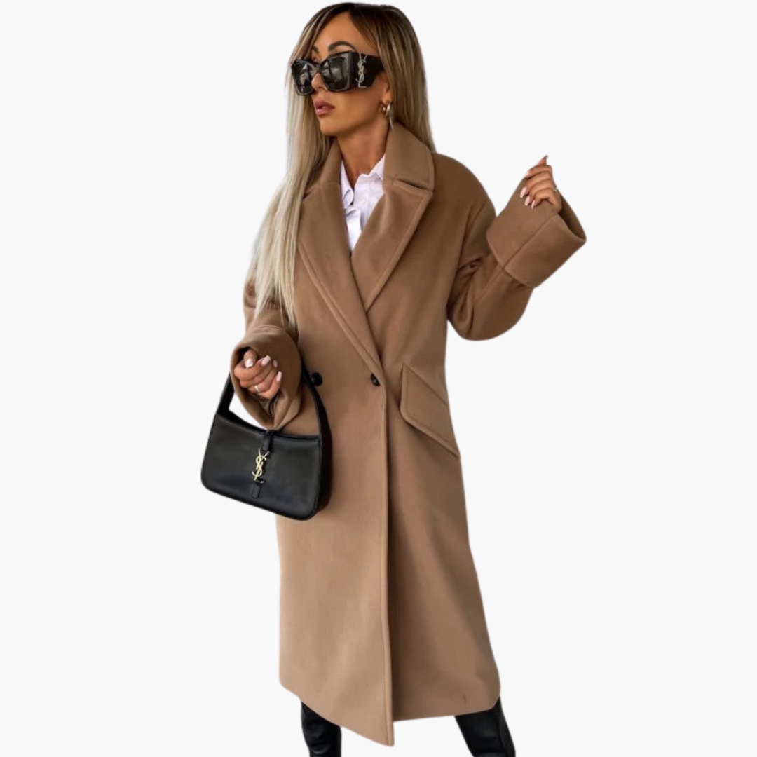 Women's long coat lapel collar button closure smooth woven minimalist outerwear for cool-weather layering