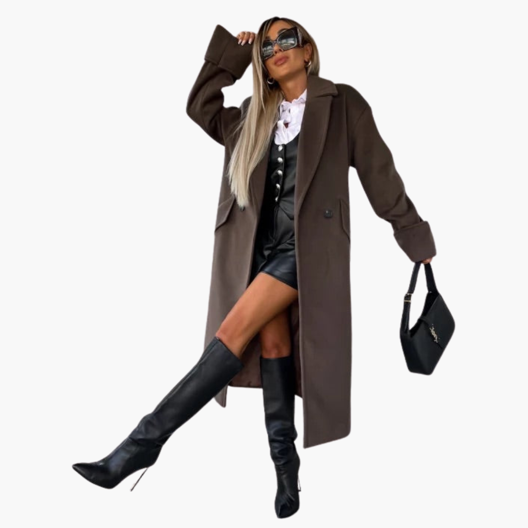 Women's long coat lapel collar button closure smooth woven minimalist outerwear for cool-weather layering