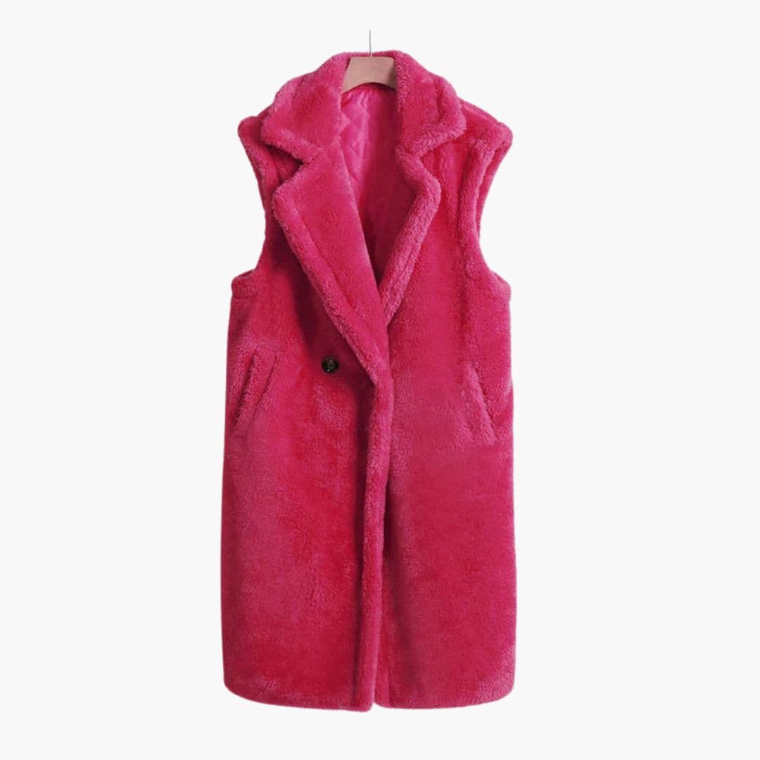 Women's camel teddy coat sleeveless lapel collar single button closure long silhouette