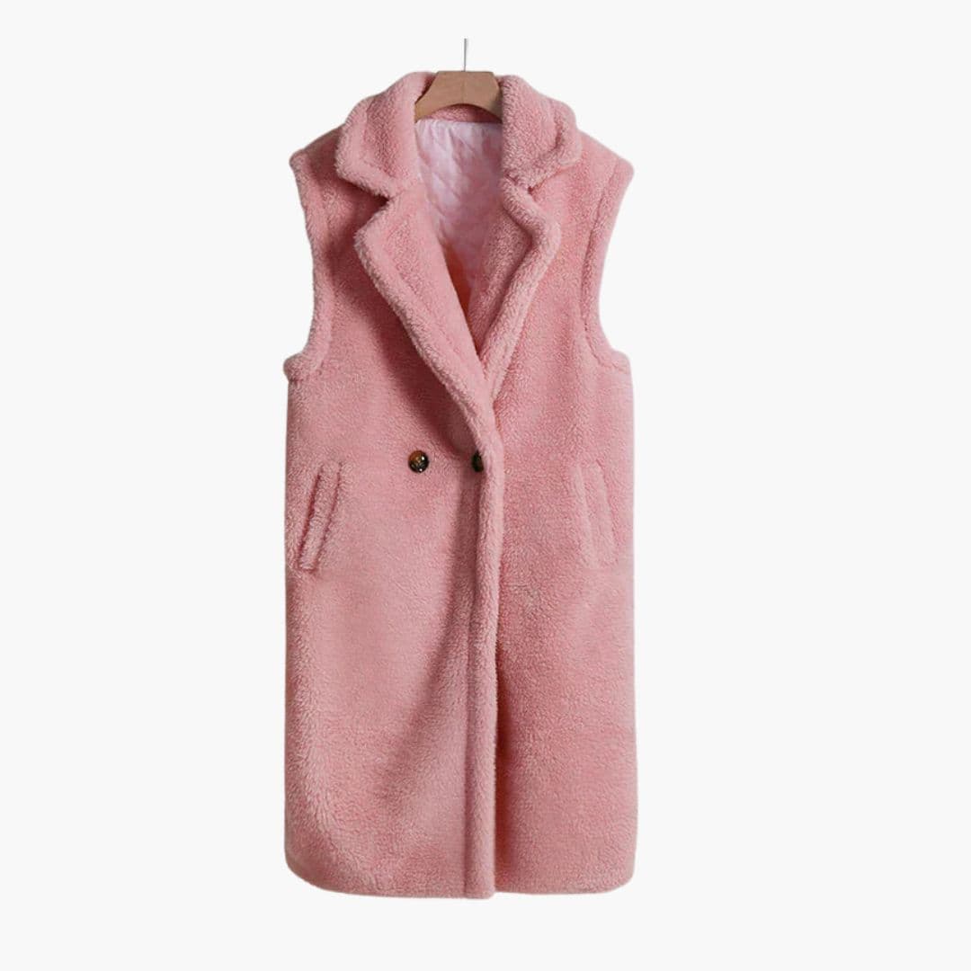 Women's camel teddy vest coat sleeveless lapel collar single button closure chic longline