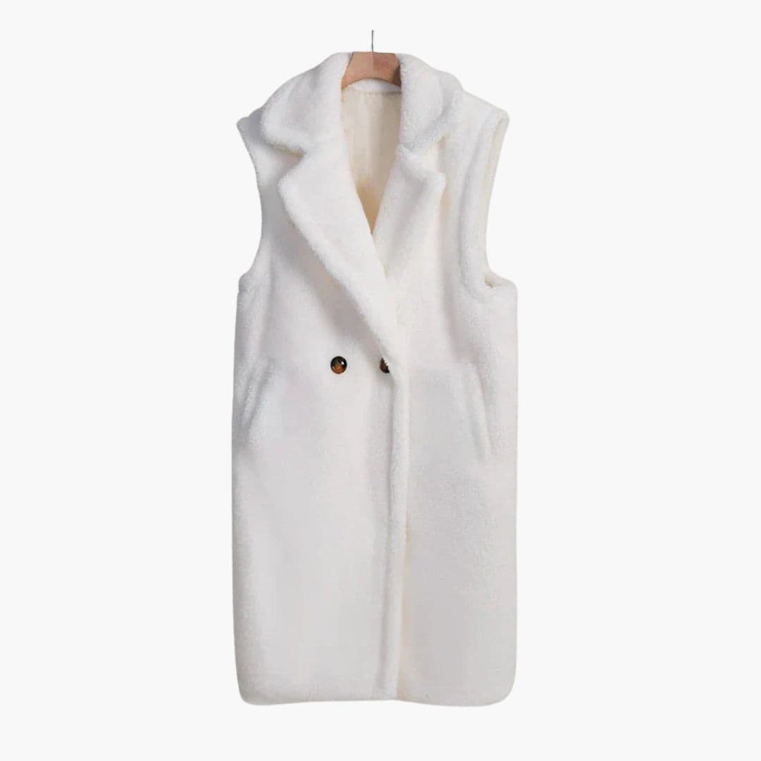 Women's camel teddy coat sleeveless wide lapel collar single button closure chic longline vest