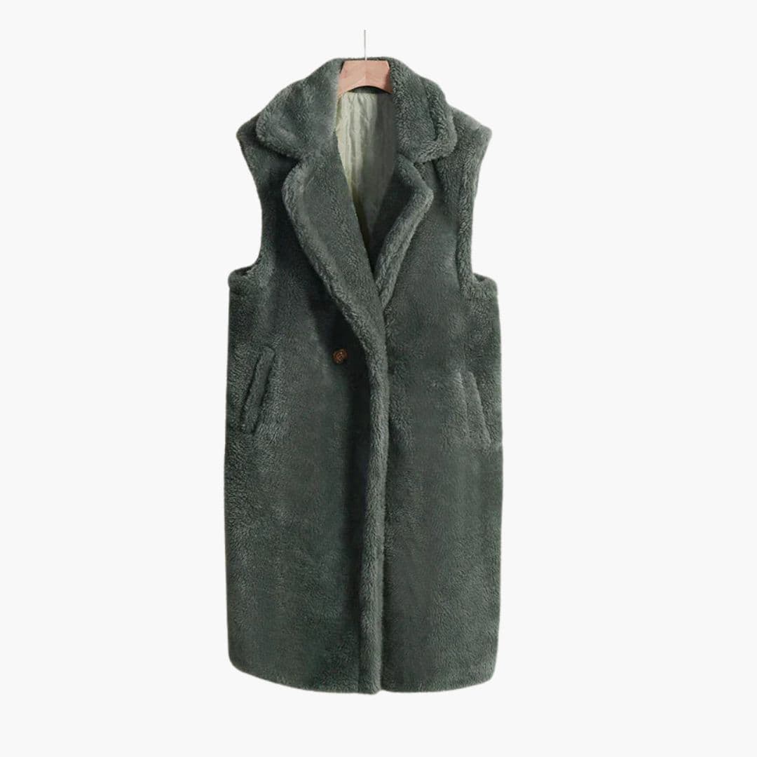 Women's camel teddy vest coat sleeveless wide lapel collar single button closure pockets lined chic