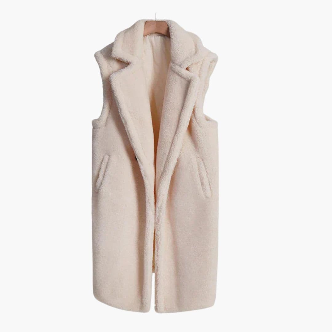 Women's camel teddy coat sleeveless wide lapel collar single button closure long silhouette