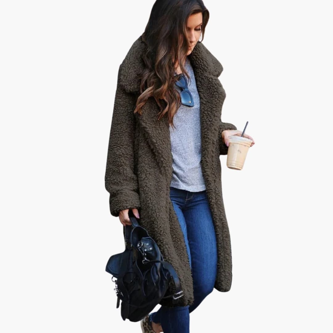 Women's long oversized teddy coat with structured lapel collar, cozy warmth everyday style