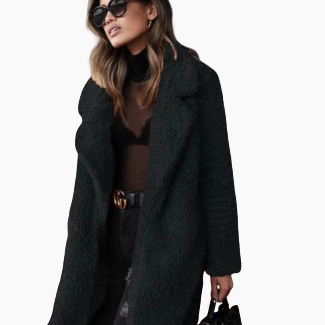 Women's long oversized teddy coat with structured lapel collar for cozy everyday warmth