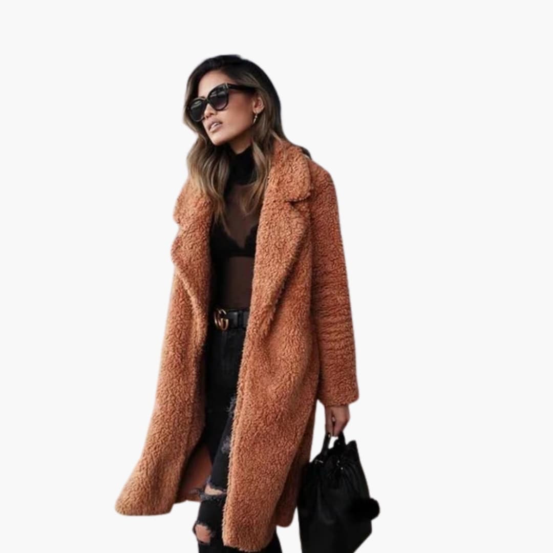 Women's long oversized teddy coat with structured lapel collar for cozy everyday warmth