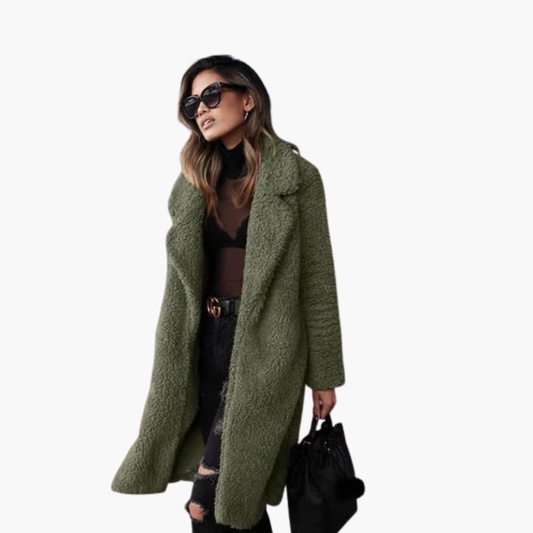 Women's long oversized teddy coat with structured lapel collar for cozy everyday warmth