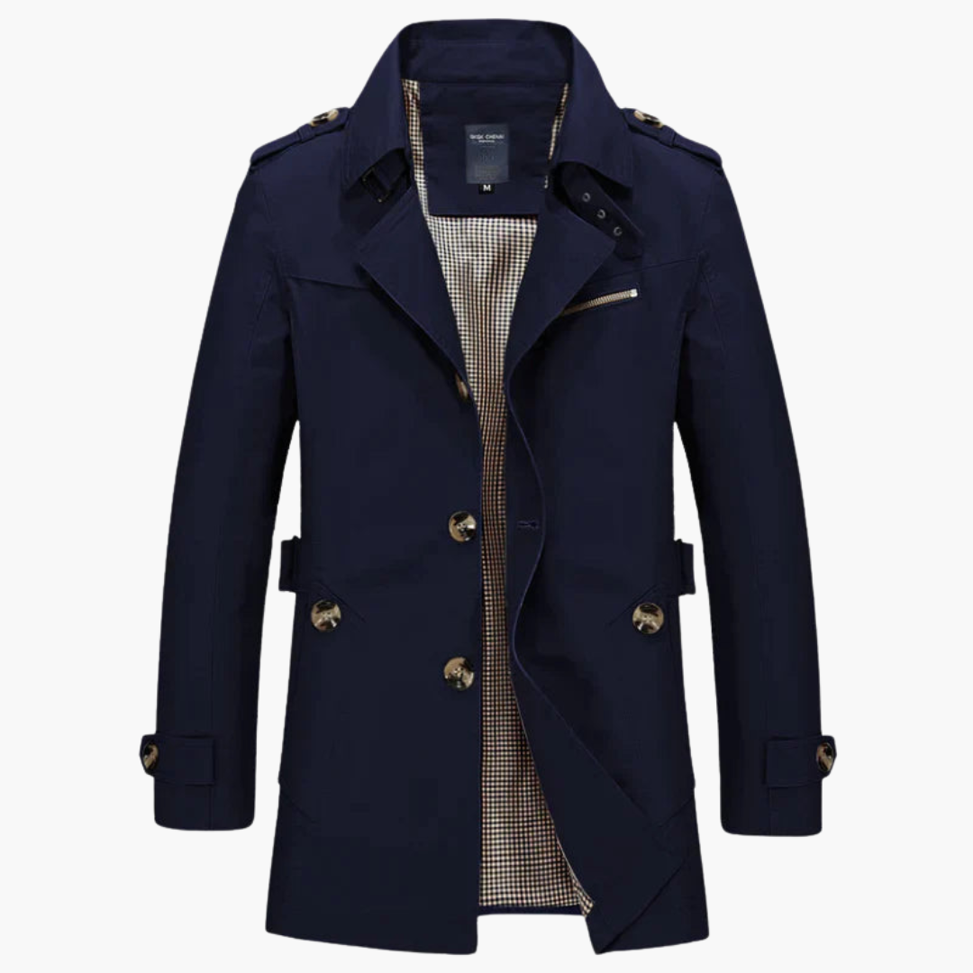 Men's double-breasted trench coat notch lapel collar classic tailored silhouette timeless professional style